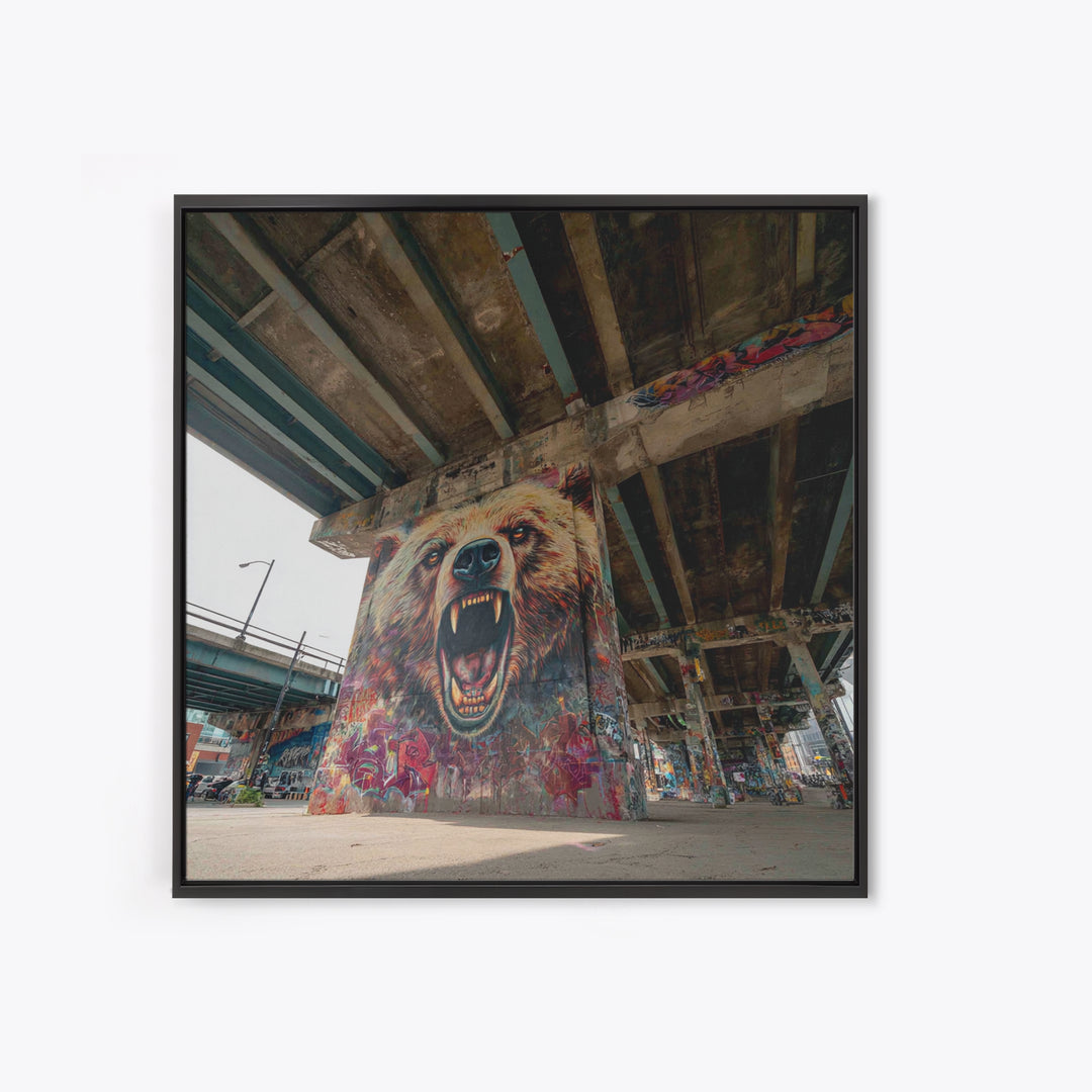 Roaring Bear Graffiti Underpass Wall Art, Urban Street Art Canvas Print, Wildlife Mural Decor, Man Cave Industrial Loft Home Decor