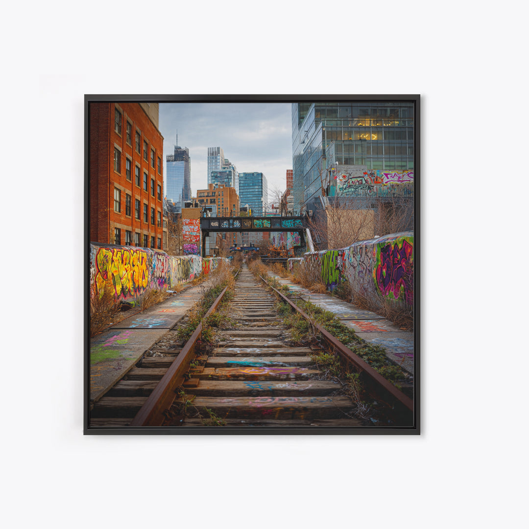 Abandoned Graffiti Railway Through City Wall Art, Urban Landscape Photography For Loft Decor And Modern Office Wall Decor