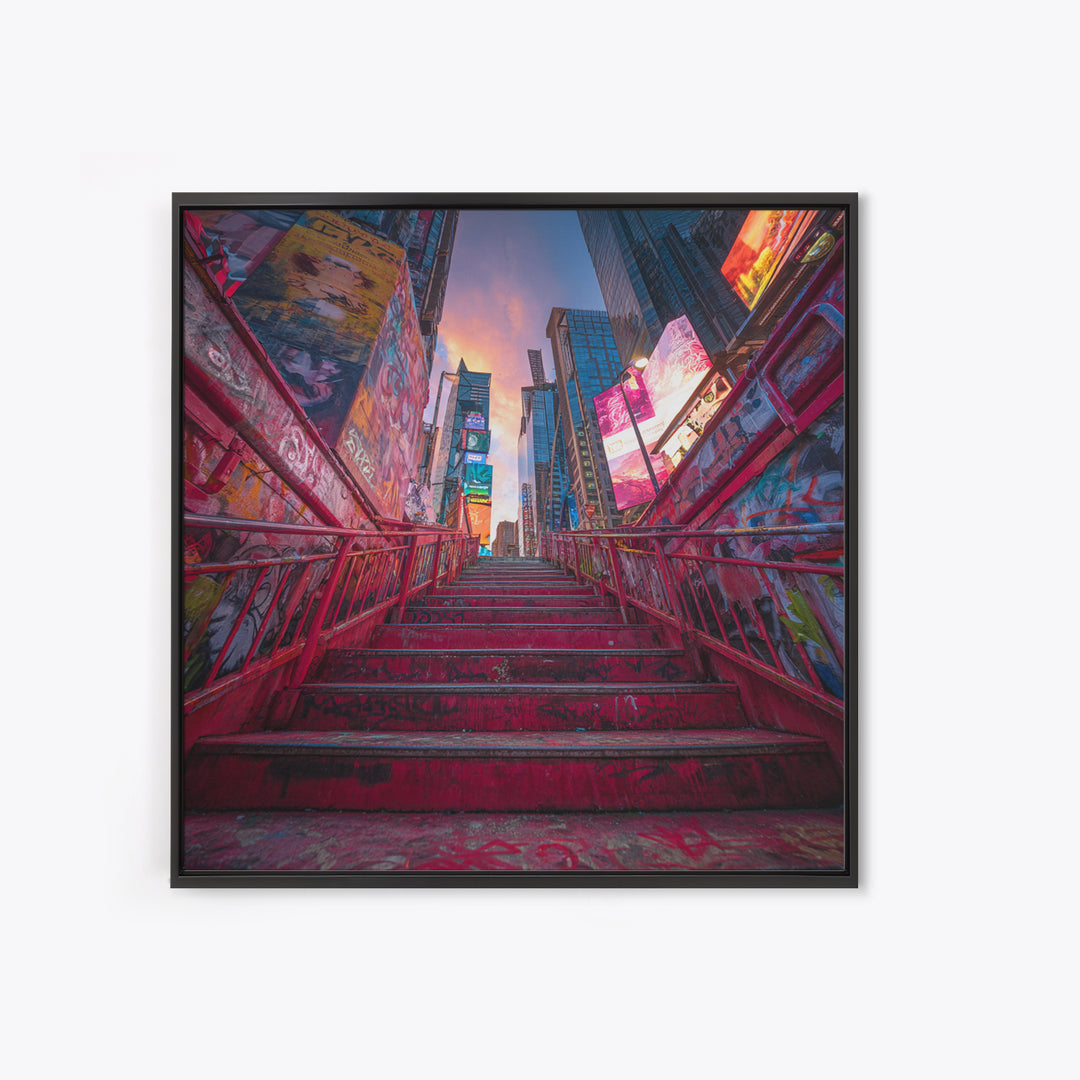 Neon City Stairway At Sunset Wall Art, Urban Graffiti, Times Square Travel Poster, Colorful Modern Canvas Print Home Decor