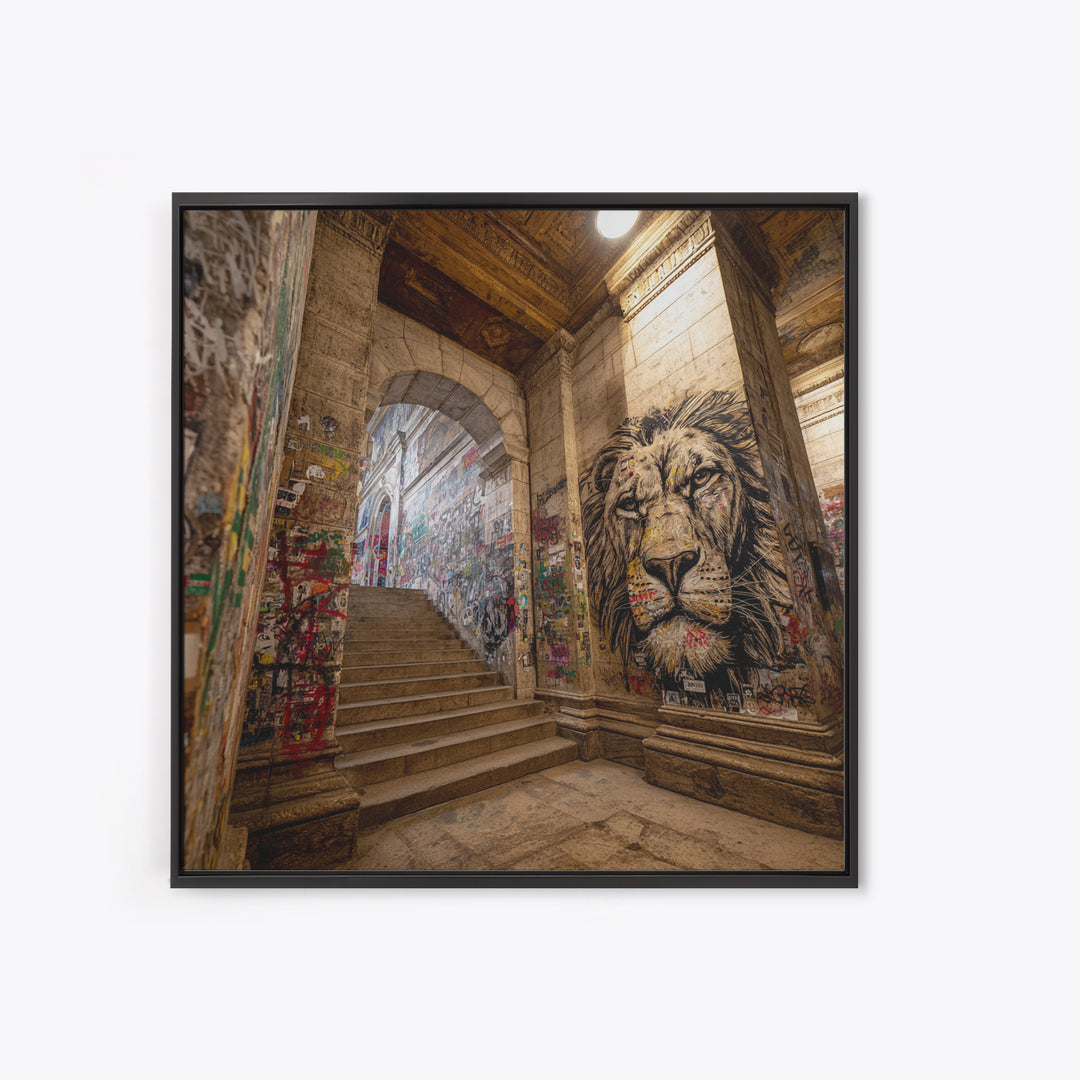 Urban Lion Mural Stairway Wall Art, Graffiti Street Art Canvas Print, City Decor, Bold Contemporary Modern Office Wall Decor