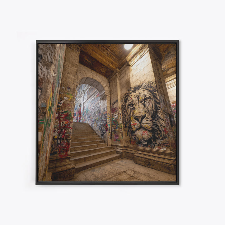 Urban Lion Mural Stairway Wall Art, Graffiti Street Art Canvas Print, City Decor, Bold Contemporary Modern Office Wall Decor