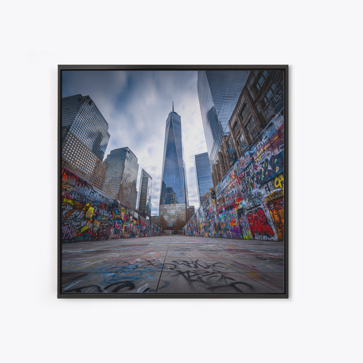 One World Trade Graffiti Courtyard Wall Art, Urban Cityscape Canvas Print, NYC Street Art Decor For Office And Apartment