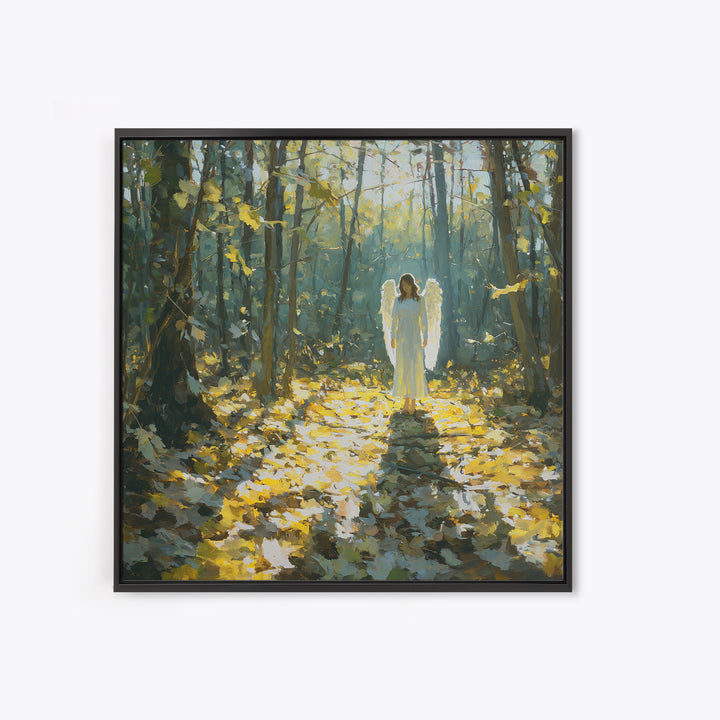 Sunlit Angel In Enchanted Forest Wall Art, Ethereal Christian Canvas Print, Woodland Decor, Spiritual Nursery Art, Calming Decor