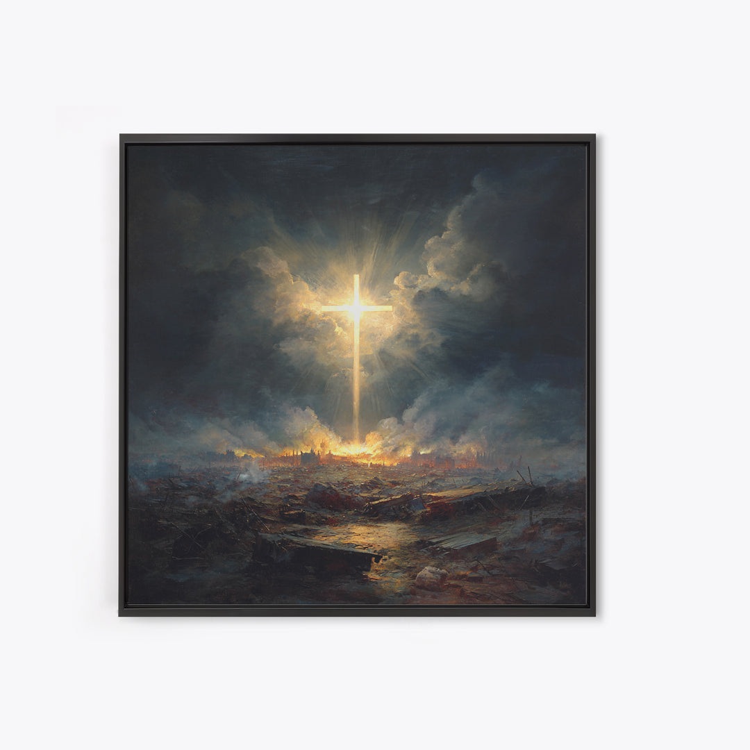 Radiant Cross Over Stormy Battlefield Wall Art, Christian Canvas Print, Dramatic Religious Decor, Spiritual Gift For Home