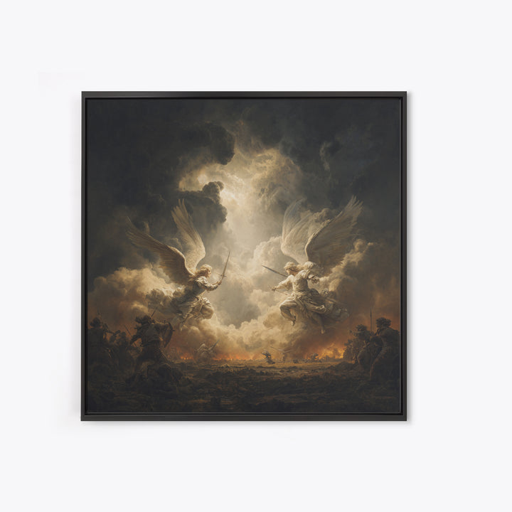 Angelic Battle In Storm Clouds Framed Canvas Print, Dark Baroque Religious Art, Renaissance Wall Decor, Dramatic Fine Art