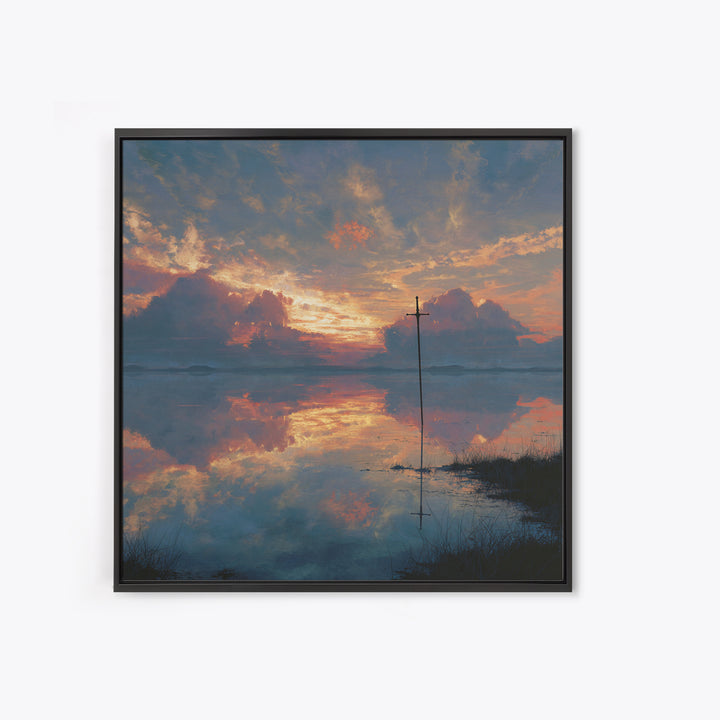 Solitary Cross At Sunset Wall Art, Reflective Lake Landscape Print, Christian Artwork, Spiritual Home Decor, Prayer Room Gift