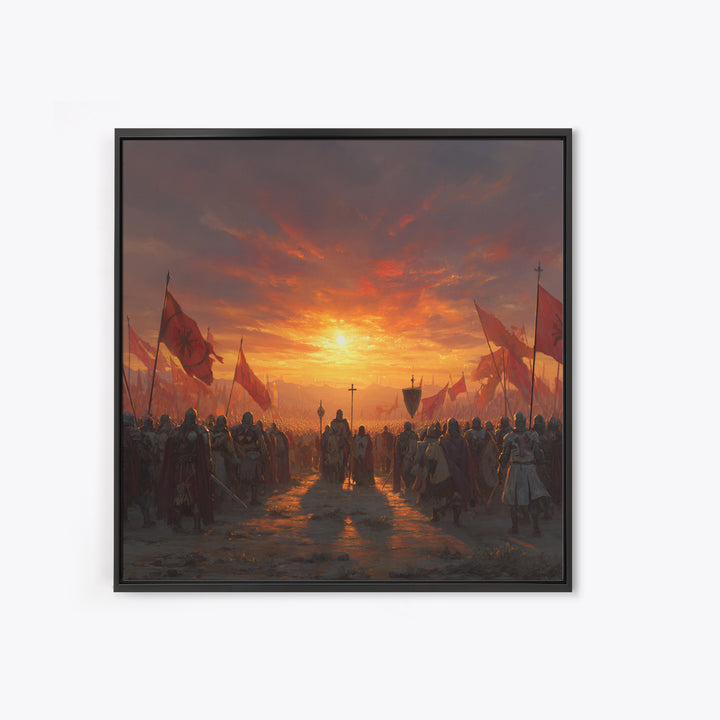 Medieval Army At Fiery Sunset Framed Canvas Print, Crusader Battle Wall Art, Epic Fantasy Decor, Historical Gift For Him