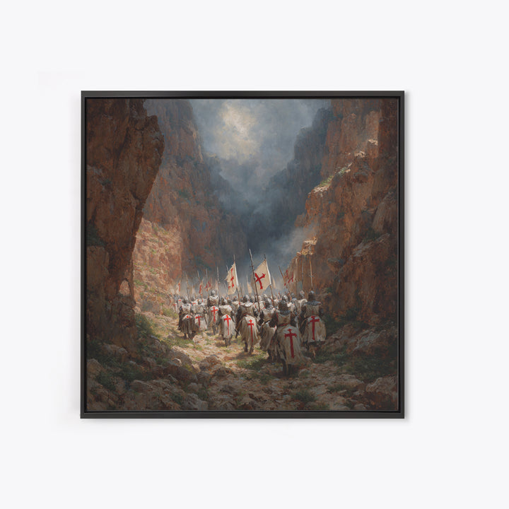 Medieval Knights Marching Through Rocky Canyon Wall Art, Historical Painting Print, Christian Wall Decor, Dramatic Fine Art