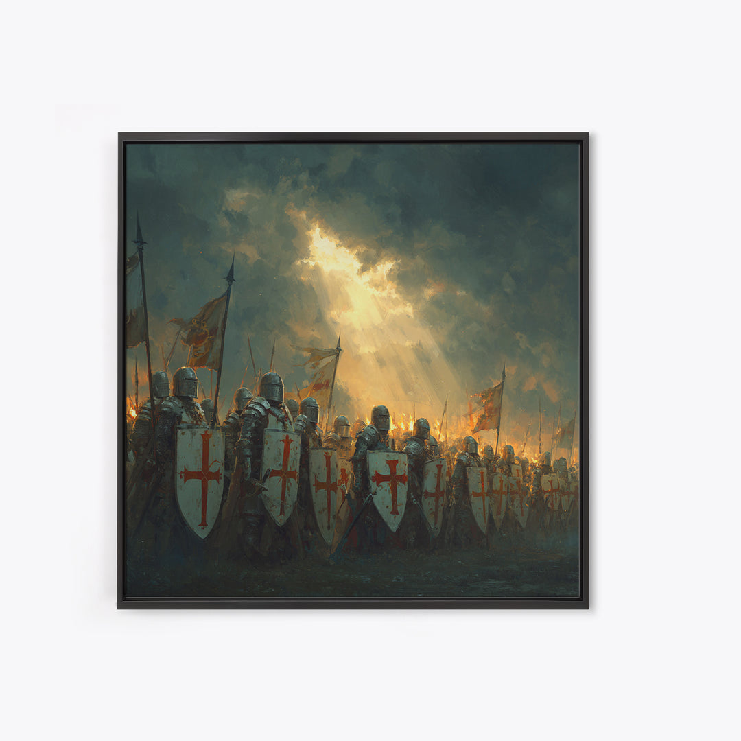 Crusader Knights With Shields Wall Art, Medieval Battle Scene, Religious History Decor, Dark Fantasy Framed Canvas Print