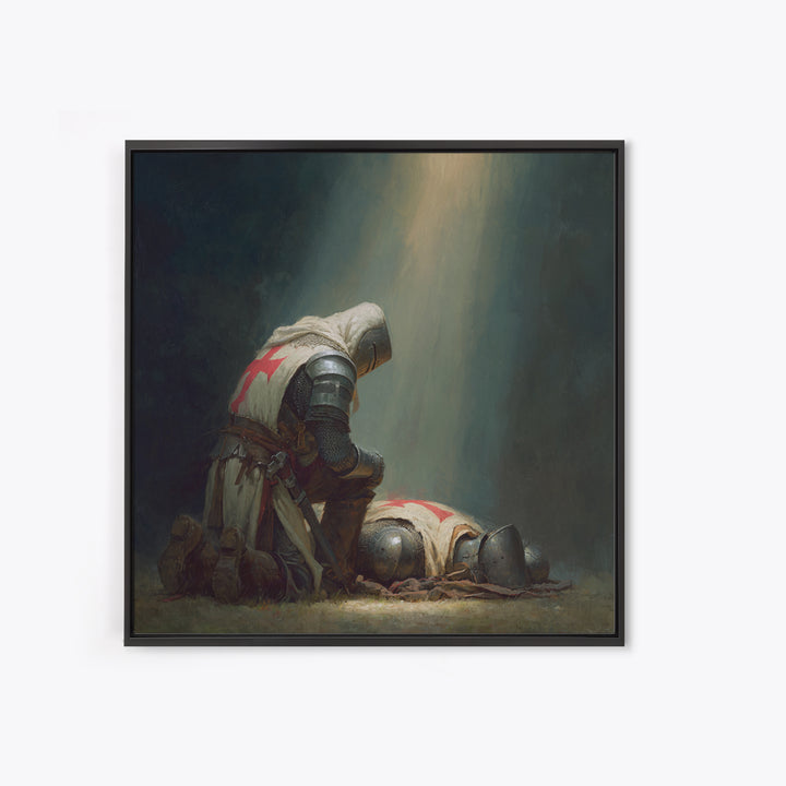 Praying Crusader Knight In Spotlight Canvas Print, Medieval Christian Wall Art, Templar Warrior Decor For Office And Home