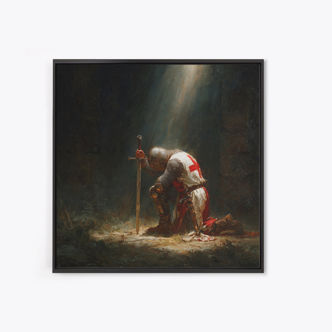 Kneeling Templar Knight In Sacred Light Framed Canvas Print, Medieval Christian Wall Art For Gothic Office Decor Gift Idea