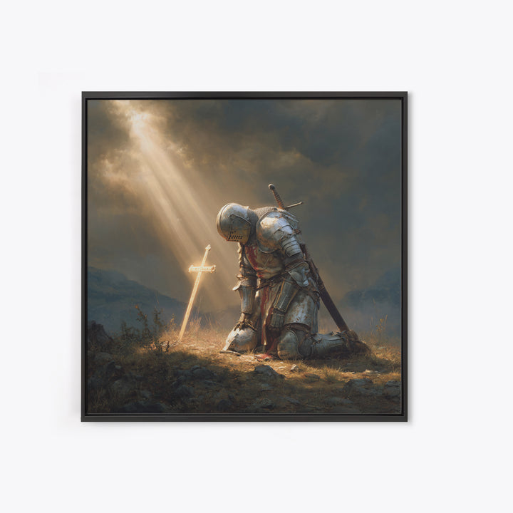 Kneeling Knight Before Glowing Cross Wall Art, Medieval Christian Painting, Inspirational Faith Decor, Gift For Men Poster