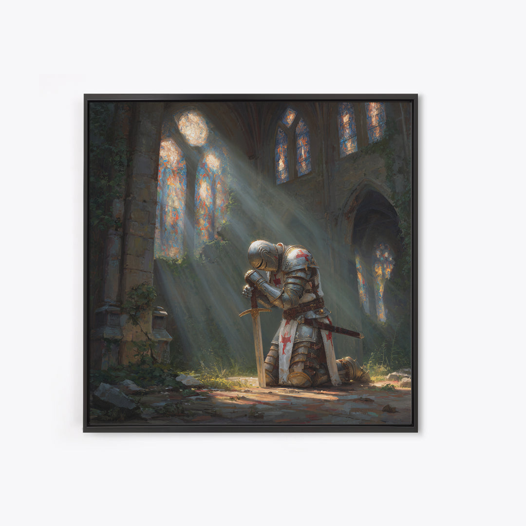 Kneeling Knight In Ruined Cathedral Framed Canvas Print, Medieval Fantasy Wall Art, Christian Decor, Gothic Gift For Him