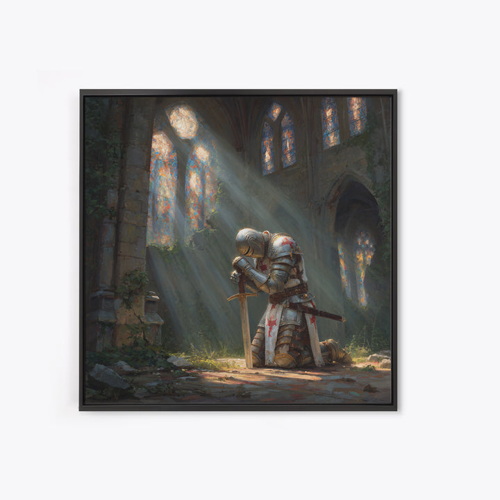 Kneeling Knight In Ruined Cathedral Framed Canvas Print, Medieval Fantasy Wall Art, Christian Decor, Gothic Gift For Him