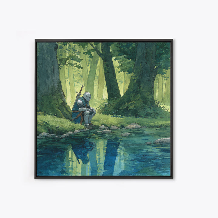 Solitary Knight Resting Beside Forest Stream Wall Art, Fantasy Art Print, Medieval Decor, Woodland Landscape, Gift For Him