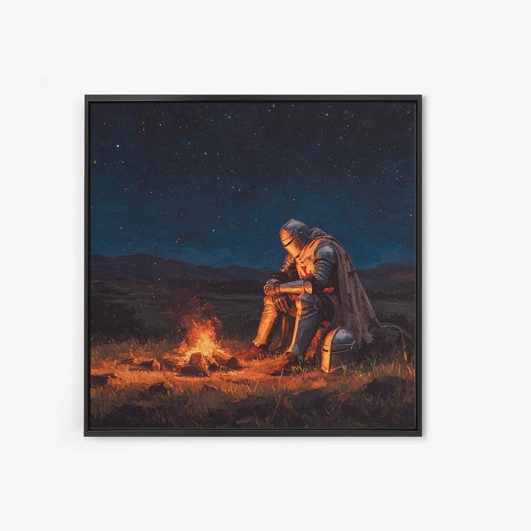 Solitary Knight By Campfire Wall Art, Starry Night Fantasy Canvas Print, Medieval Decor, Dark Academia Gift For Him, Moody Wall Decor