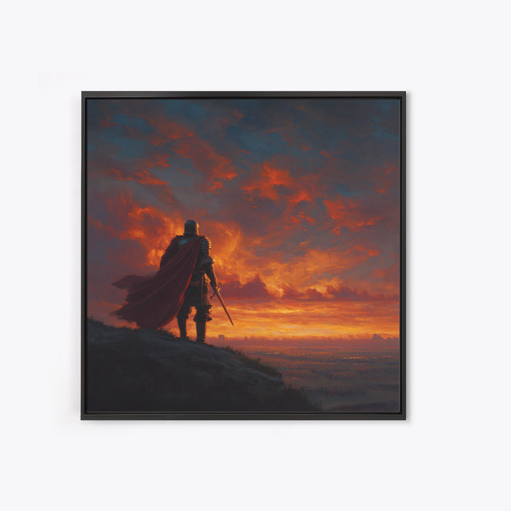 Lone Knight At Fiery Sunset Wall Art, Medieval Fantasy Warrior Canvas Print, Dramatic Landscape For Masculine Home Decor