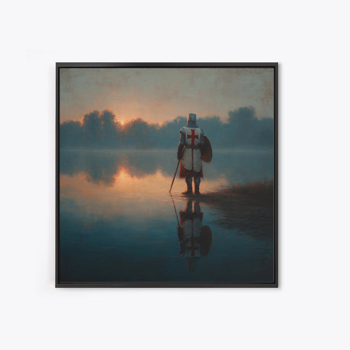 Lone Crusader Knight At Misty Lake Wall Art, Medieval Landscape Painting, Dark Academia Decor, Historical Framed Canvas Print