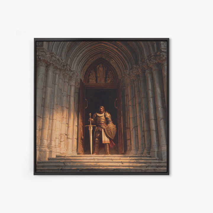 Armored Knight At Gothic Cathedral Canvas Print, Medieval Fantasy Wall Art For Castle Decor And Dark Academia Office Decor