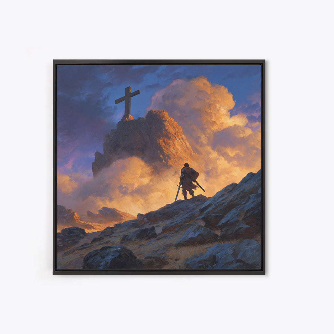 Epic Warrior Climbing Mountain To Cross Wall Art, Christian Fantasy Canvas Print, Inspirational Decor, Faith Gift For Him