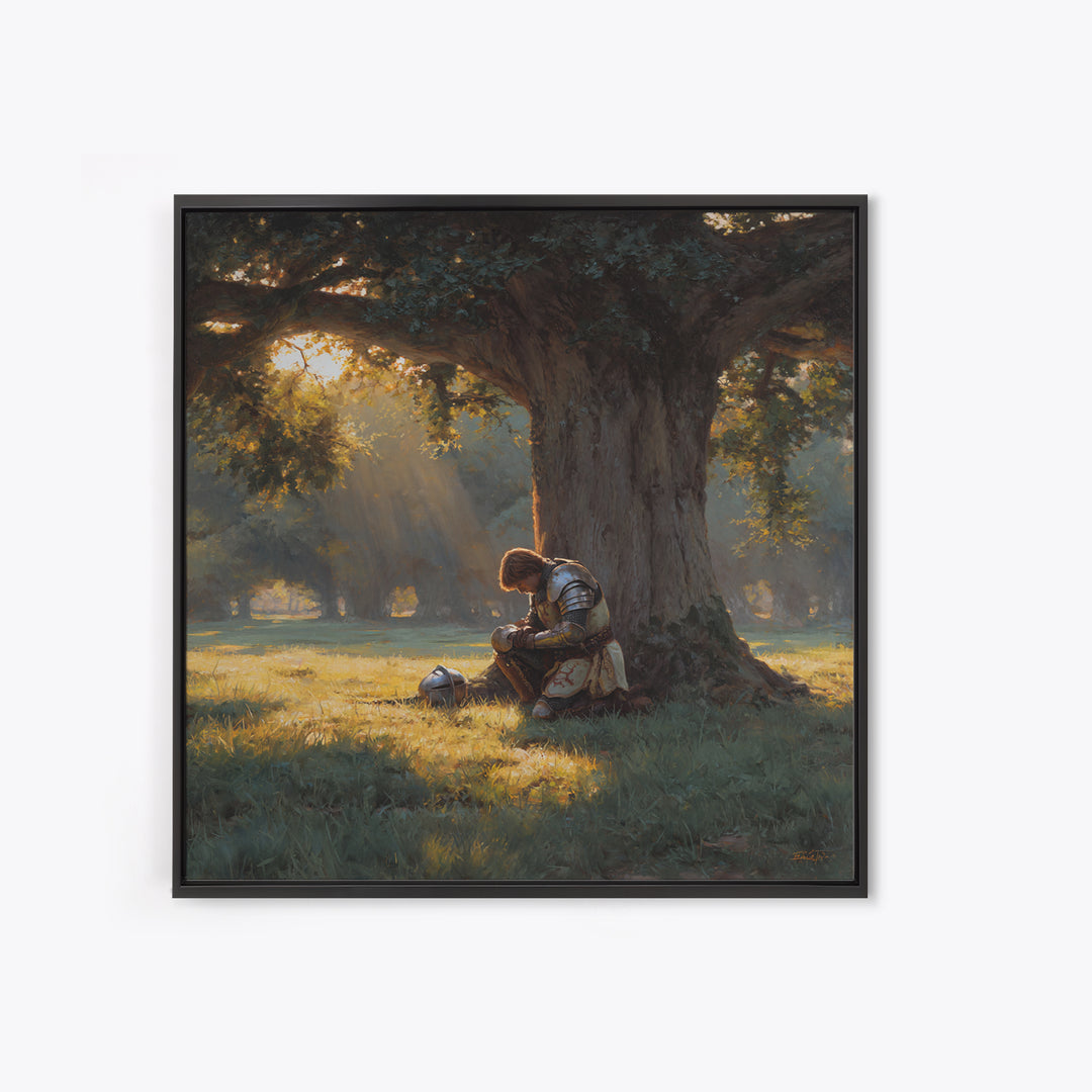 Praying Knight Beneath Ancient Oak Canvas Print, Medieval Fantasy Wall Art, Christian Warrior, Rustic Landscape Home Decor