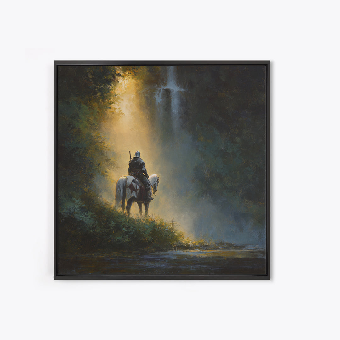 Lone Knight And White Horse By Waterfall Framed Canvas Print, Epic Fantasy Wall Art, Medieval Decor, Adventure Gift For Him