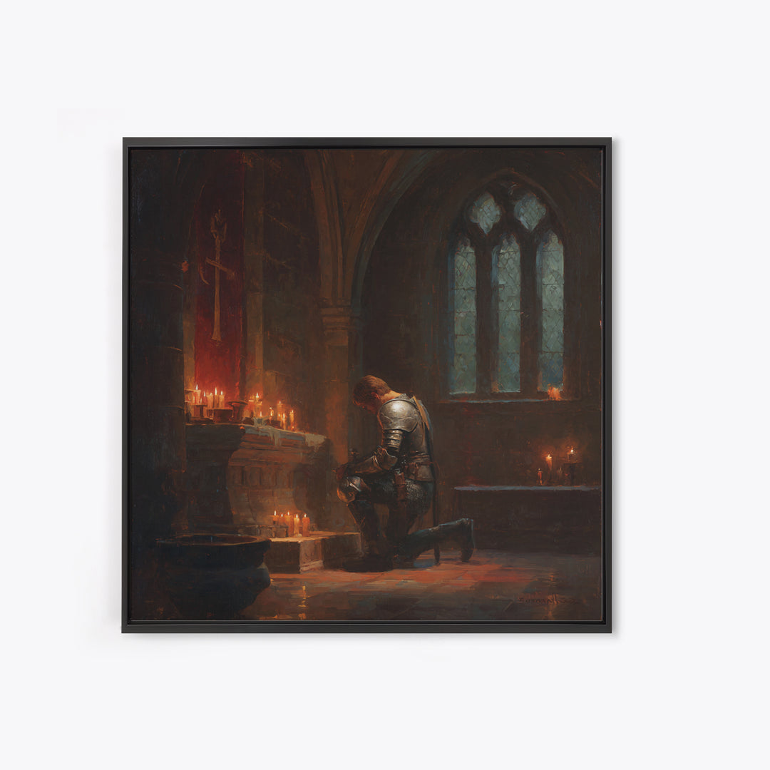 Kneeling Knight In Candlelit Chapel Wall Art, Gothic Medieval Canvas Print, Dark Academia Decor, Fantasy Christian Art Gift