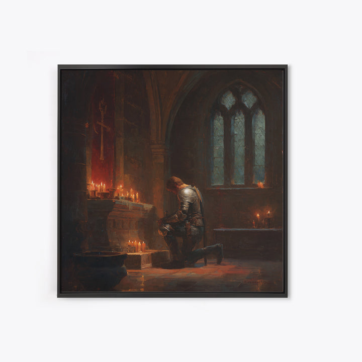 Kneeling Knight In Candlelit Chapel Wall Art, Gothic Medieval Canvas Print, Dark Academia Decor, Fantasy Christian Art Gift
