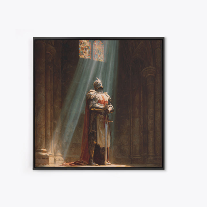 Medieval Knight Praying In Cathedral Light Framed Canvas Print, Gothic Wall Art, Christian Wall Decor, Fantasy Art Gift For Him