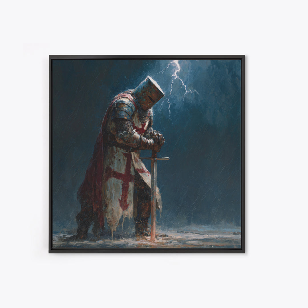 Stormy Praying Knight With Sword Wall Art, Medieval Fantasy Canvas Print, Gothic Christian Dark Academia Home Decor, Gift For Him