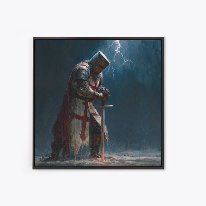 Stormy Praying Knight With Sword Wall Art, Medieval Fantasy Canvas Print, Gothic Christian Dark Academia Home Decor, Gift For Him