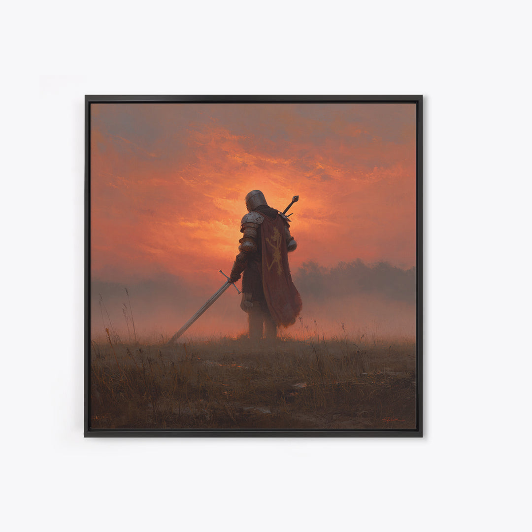Lone Medieval Knight At Fiery Sunset Wall Art, Fantasy Warrior Canvas Print, Gothic Castle Decor, Dramatic Gift For Him Art