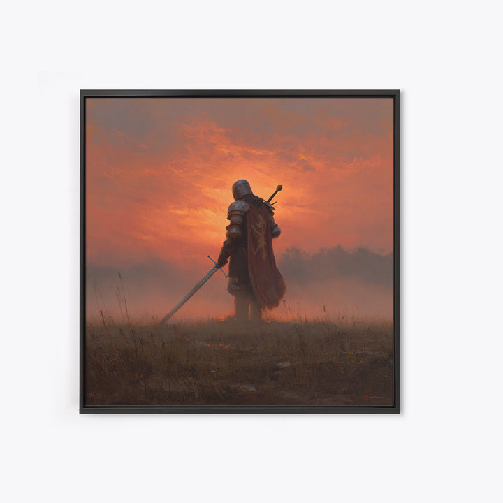 Lone Medieval Knight At Fiery Sunset Wall Art, Fantasy Warrior Canvas Print, Gothic Castle Decor, Dramatic Gift For Him Art