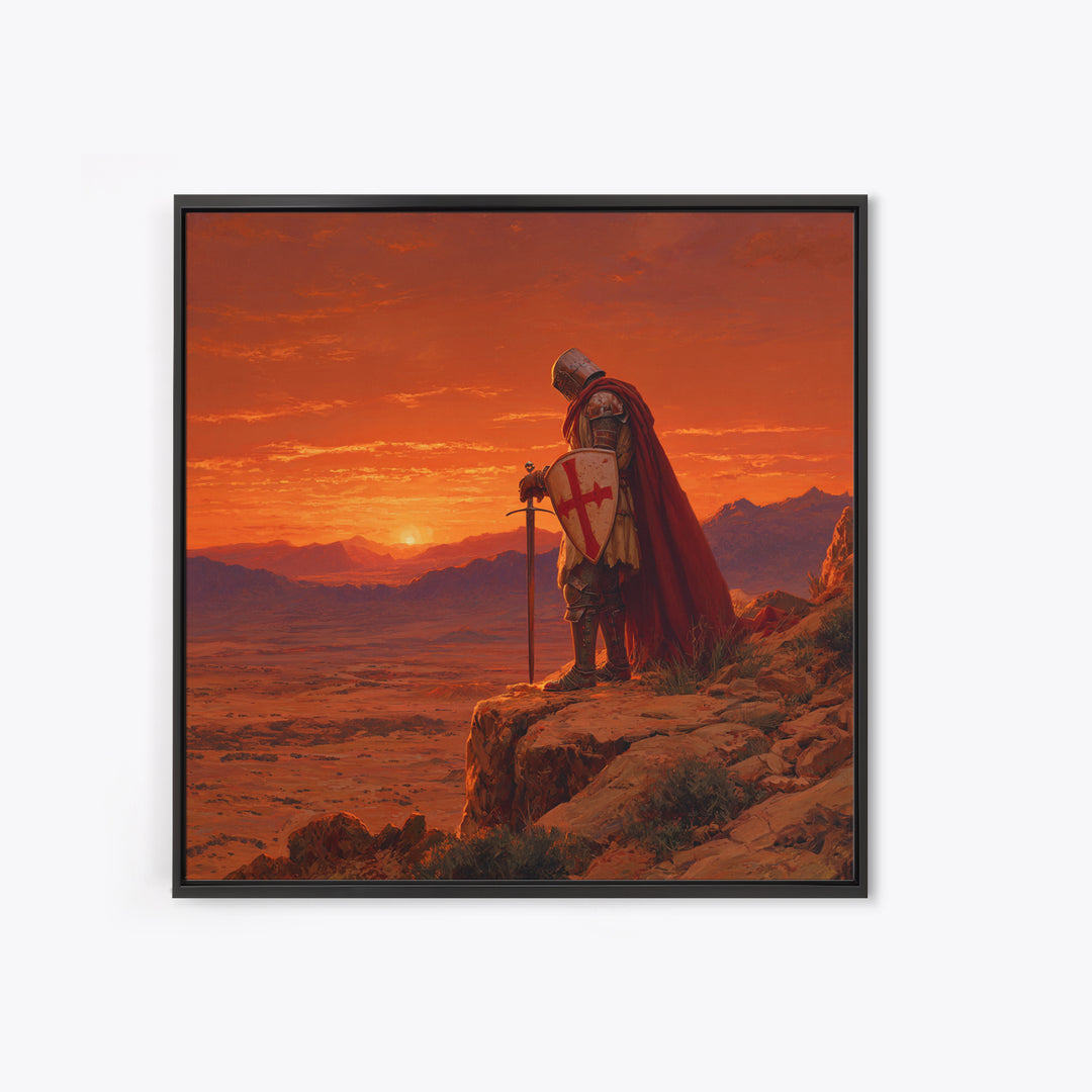 Crusader Knight At Sunset Canvas Print, Medieval Fantasy Art, Red Desert Landscape, Gothic Wall Decor, Gift For Him, Man Cave Decor
