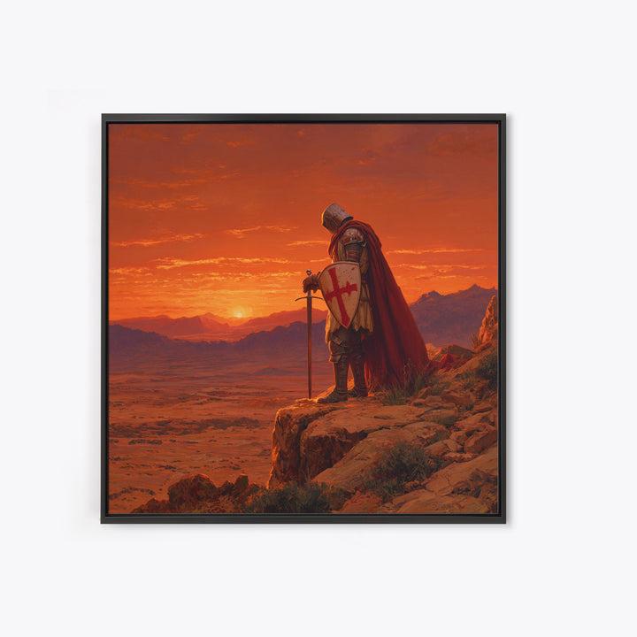 Crusader Knight At Sunset Canvas Print, Medieval Fantasy Art, Red Desert Landscape, Gothic Wall Decor, Gift For Him, Man Cave Decor
