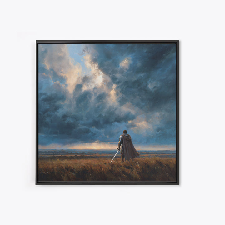 Lone Warrior Beneath Storm Clouds Wall Art, Medieval Fantasy Landscape Painting, Dark Academia Decor, Gift For Him Poster