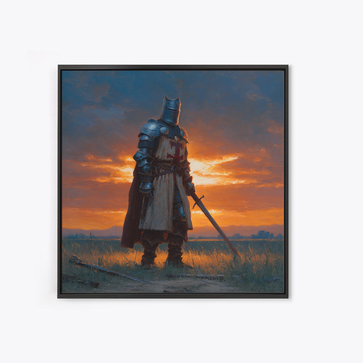 Medieval Knight At Sunset Framed Canvas Print, Crusader Wall Art, Fantasy Warrior Decor, Masculine Office Art, Gift For Him