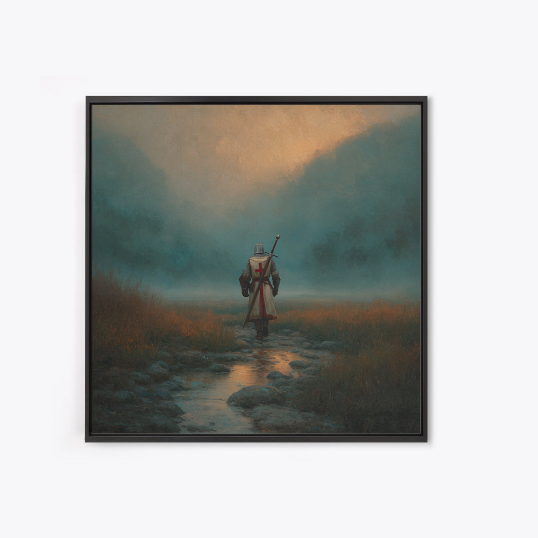Foggy Knight Mountain Path Wall Art, Moody Fantasy Landscape Print, Medieval Warrior Decor, Rustic Home Decor Gift For Living Room