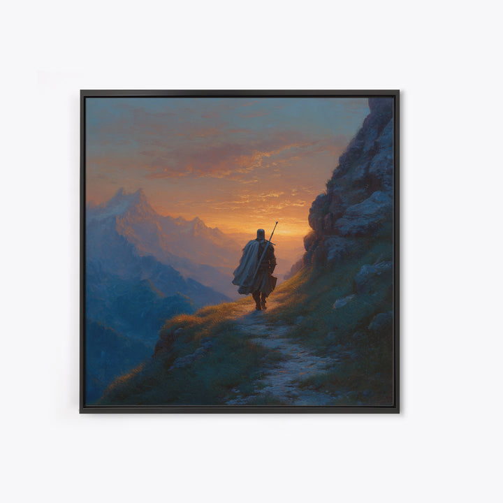 Lone Traveler On Mountain Path Wall Art, Sunset Fantasy Landscape Canvas Print, Epic Adventure Decor For Living Room Home Decor