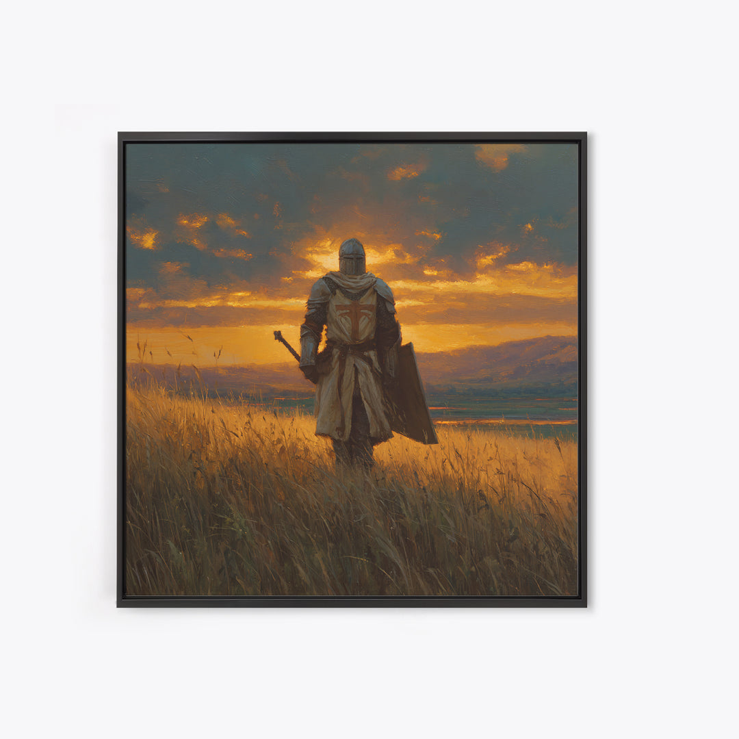 Lone Knight Sunset Field Canvas Print, Medieval Landscape Wall Art, Fantasy Warrior Decor, Rustic Home Decor, Gift For Him