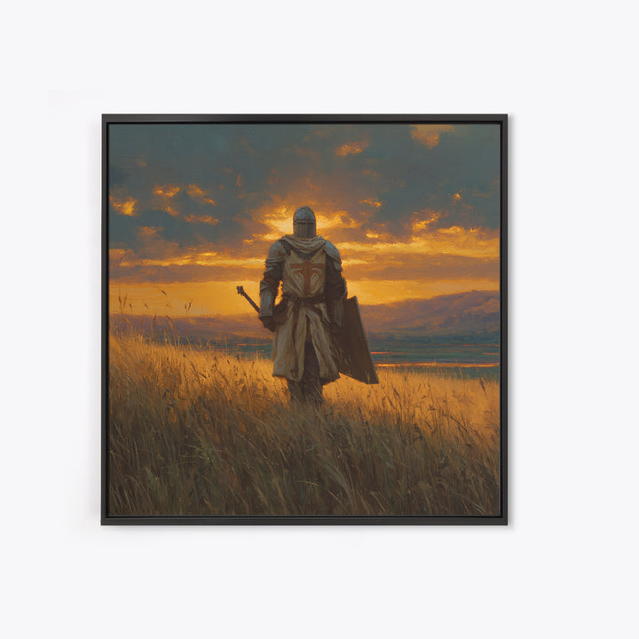 Lone Knight Sunset Field Canvas Print, Medieval Landscape Wall Art, Fantasy Warrior Decor, Rustic Home Decor, Gift For Him
