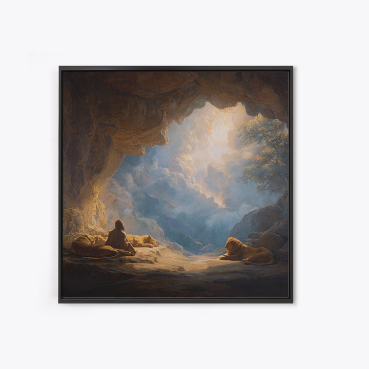 Cave Sanctuary With Lions And Heavenly Clouds Wall Art, Fantasy Landscape Canvas, Spiritual Home Decor, Mystical Gift Print