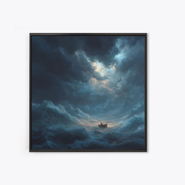 Tiny Boat In Stormy Ocean Wall Art, Dramatic Seascape Canvas Print, Nautical Coastal Decor, Moody Ocean Painting Gift For Him