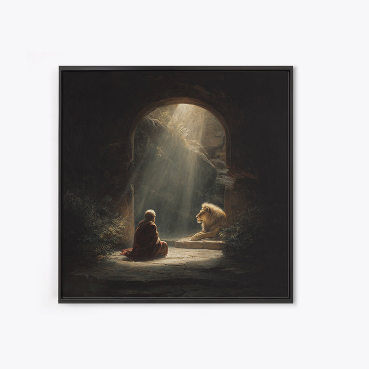 Child And Lion In Sunlit Cave Wall Art, Spiritual Fantasy Painting, Inspirational Decor, Storybook Artwork, Unique Gift For Her