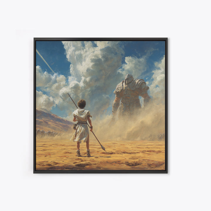 Young Warrior Facing Desert Giant In Dust Canvas Print, Biblical Wall Art, Fantasy Decor, David And Goliath Gift For Him