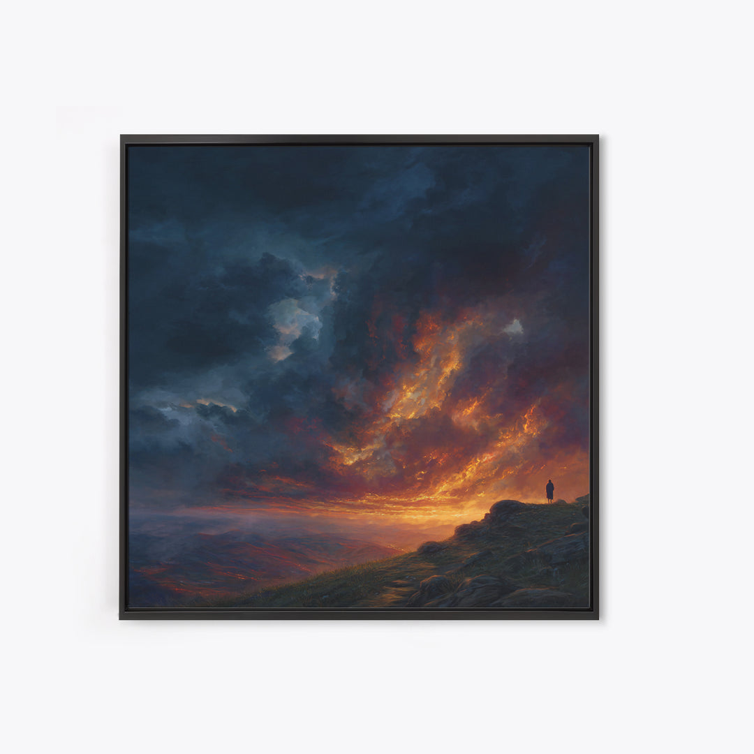 Lone Figure Under Fiery Storm Clouds Wall Art, Dramatic Landscape Canvas Print, Moody Fantasy Decor, Statement Artwork Gift