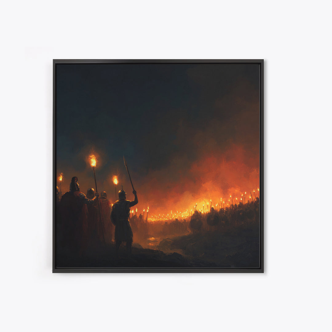 Torchlit Ancient Army At Night Wall Art, Dark Fantasy Canvas Print, Warrior Battle Scene, Moody Medieval Decor, Man Cave Gift