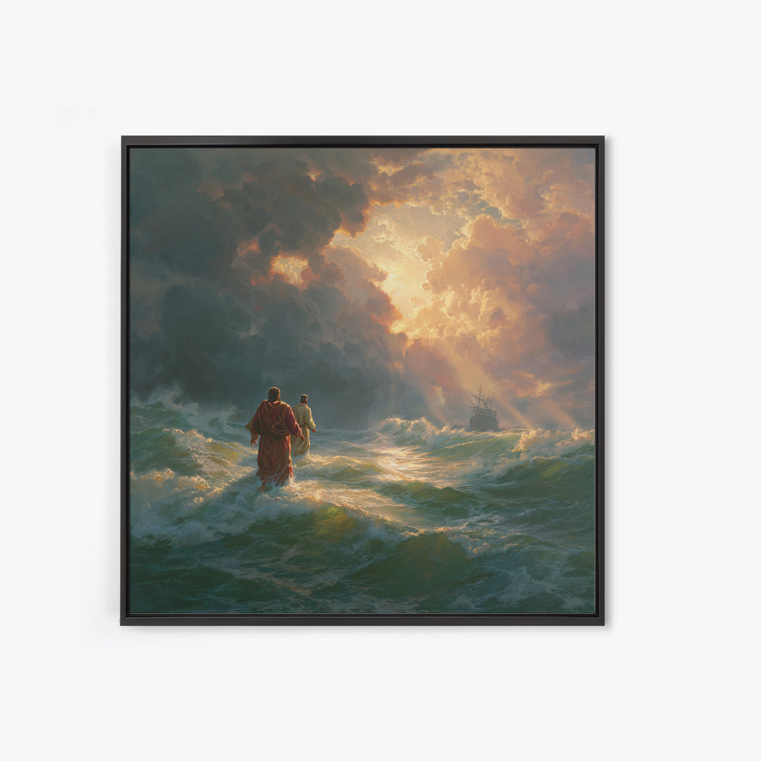 Jesus Walking On Stormy Sea Wall Art, Christian Canvas Print, Biblical Ocean Painting, Faith Gift, Dramatic Home Decor, For Living Room