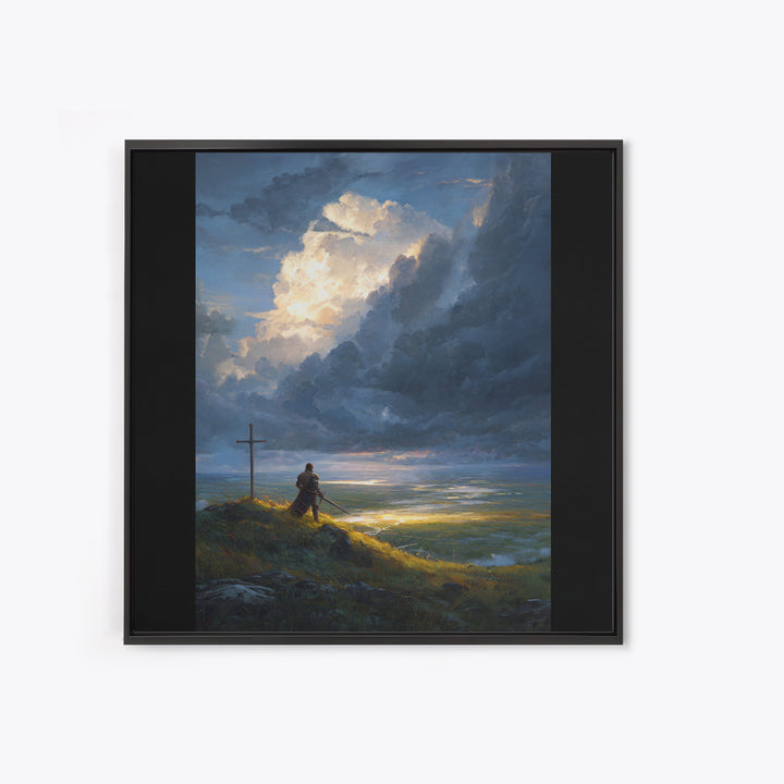 Lone Knight At Cross Under Storm Clouds Framed Canvas Print, Christian Wall Art, Dramatic Landscape, Faith Home Decor Gift