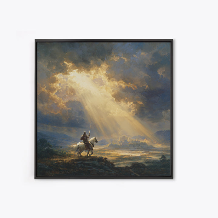 Mounted Knight Beneath Sunbeams Framed Canvas Print, Medieval Landscape Wall Art, Christian Artwork, Castle Decor Gift For Him